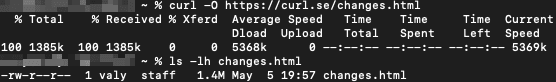 Terminal output of curl downloading a file with the -O flag and the saved file shown by ls