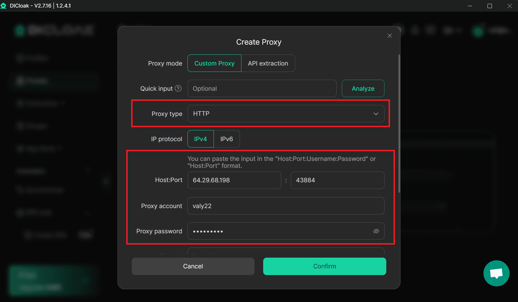 Create Proxy window in DICloak with residential proxy details filled in