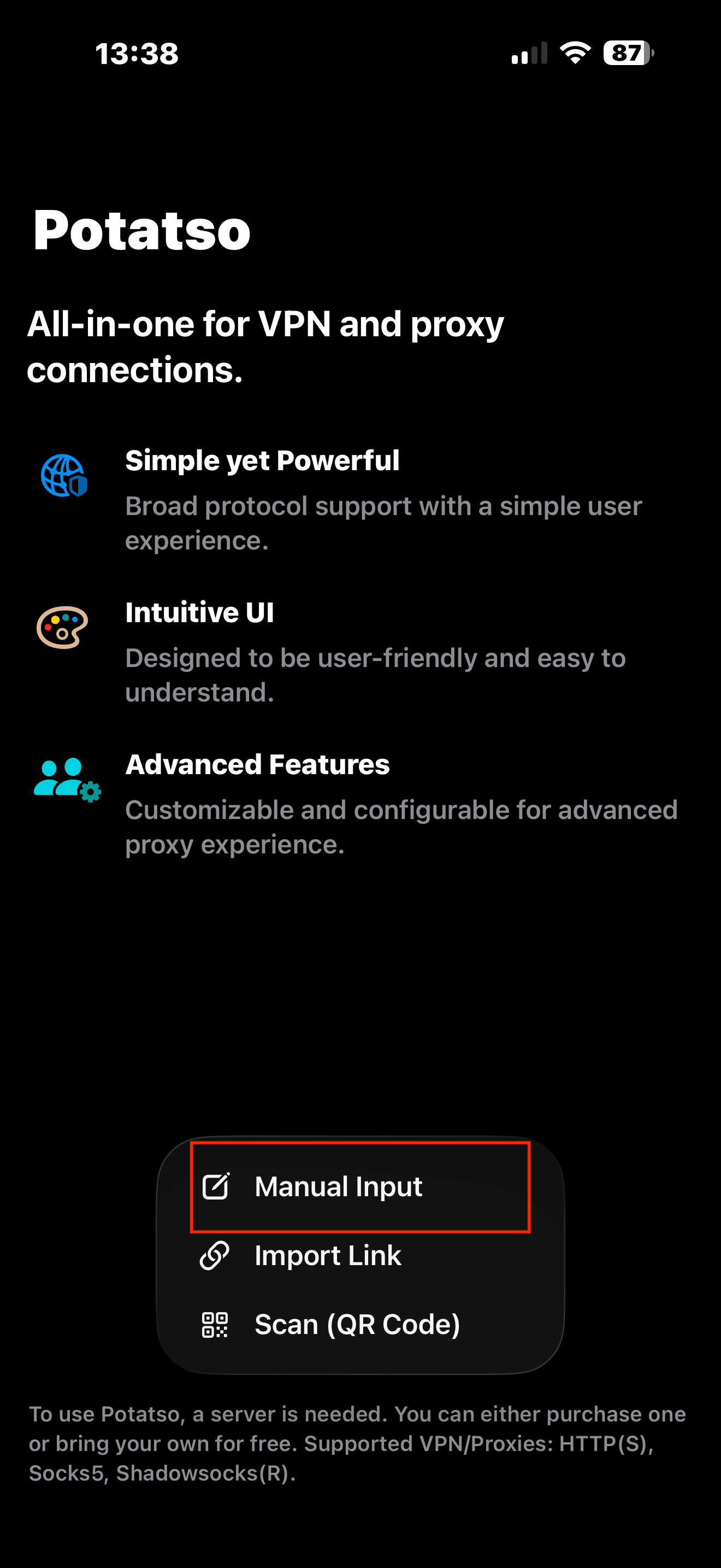 Potatso menu showing Manual Input option