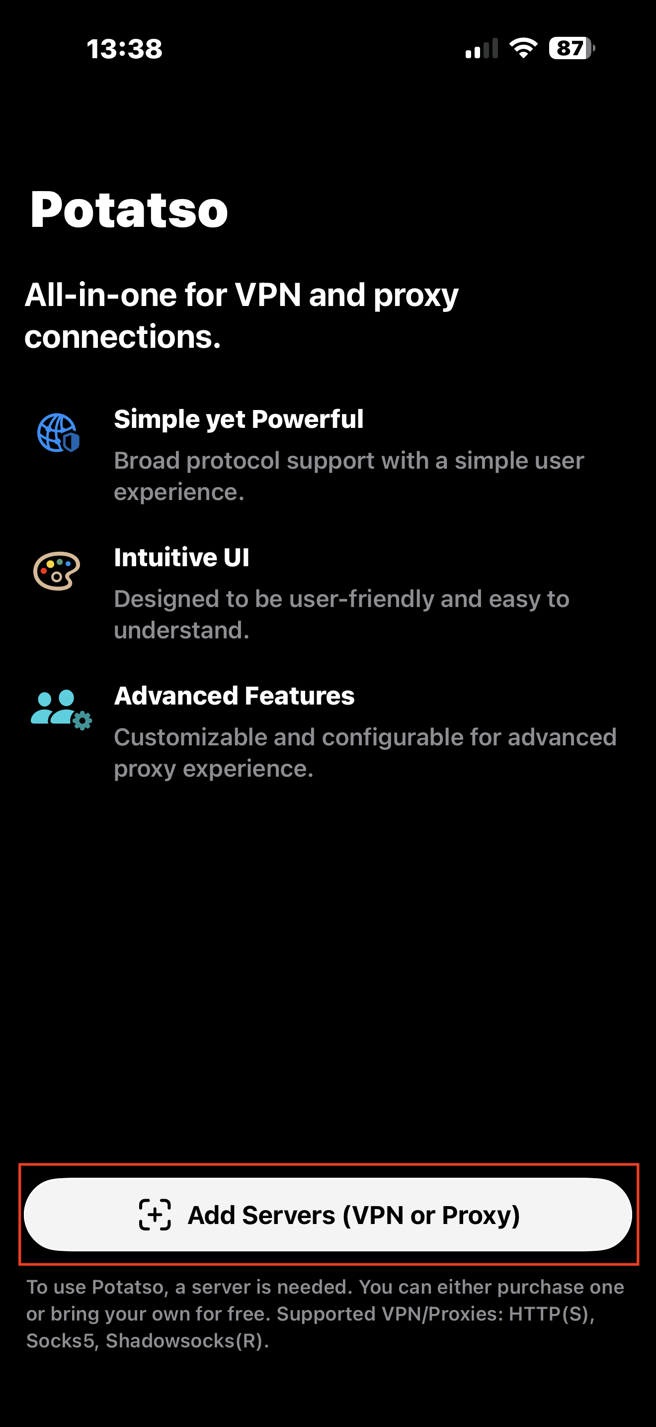 Potatso main screen with Add Servers button highlighted on iPhone