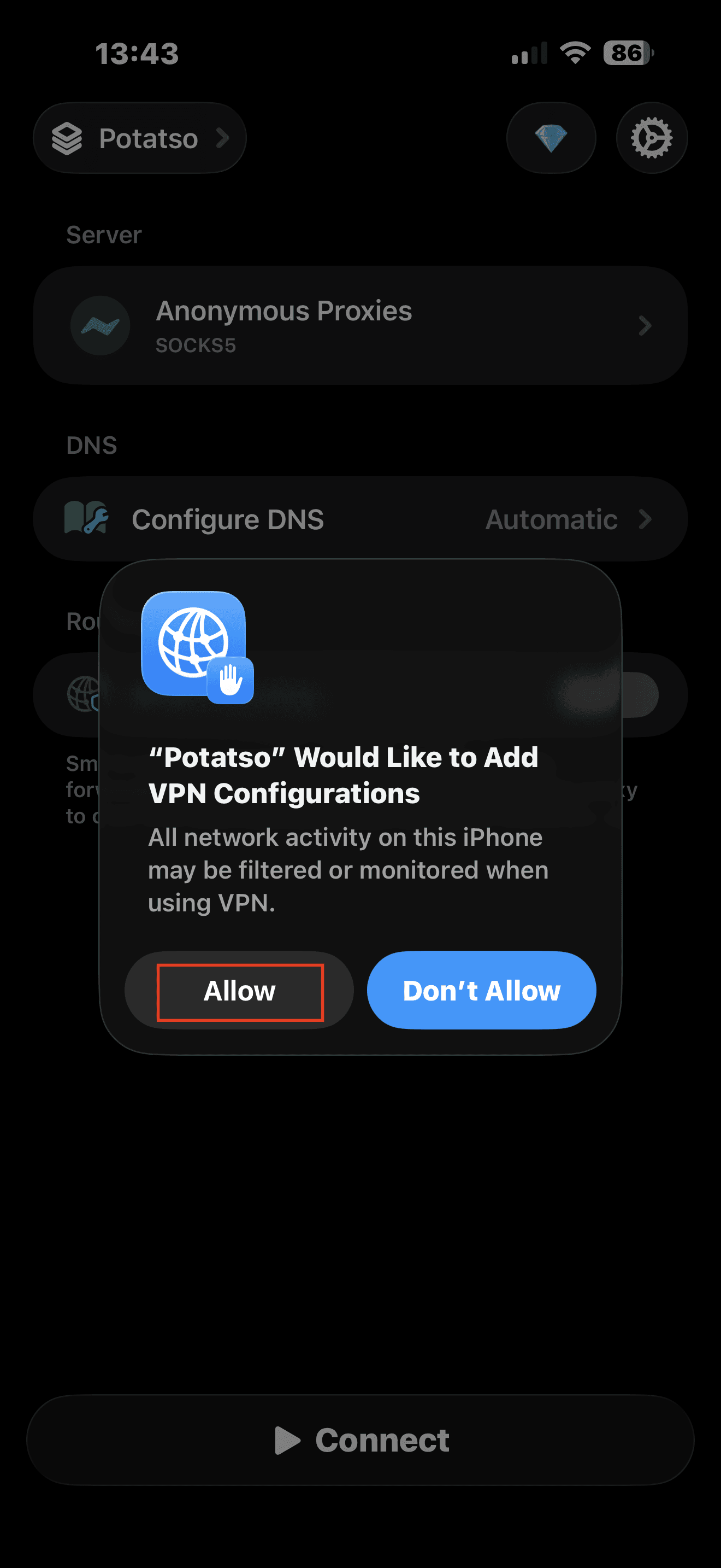 iOS prompt asking to allow Potatso VPN configuration on iPhone