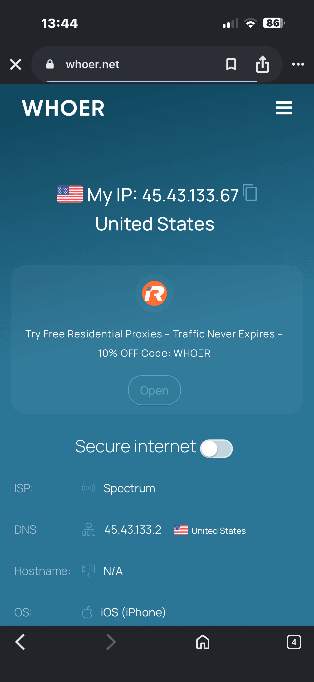 Browser showing changed IP address after connecting to SOCKS5 proxy in Potatso