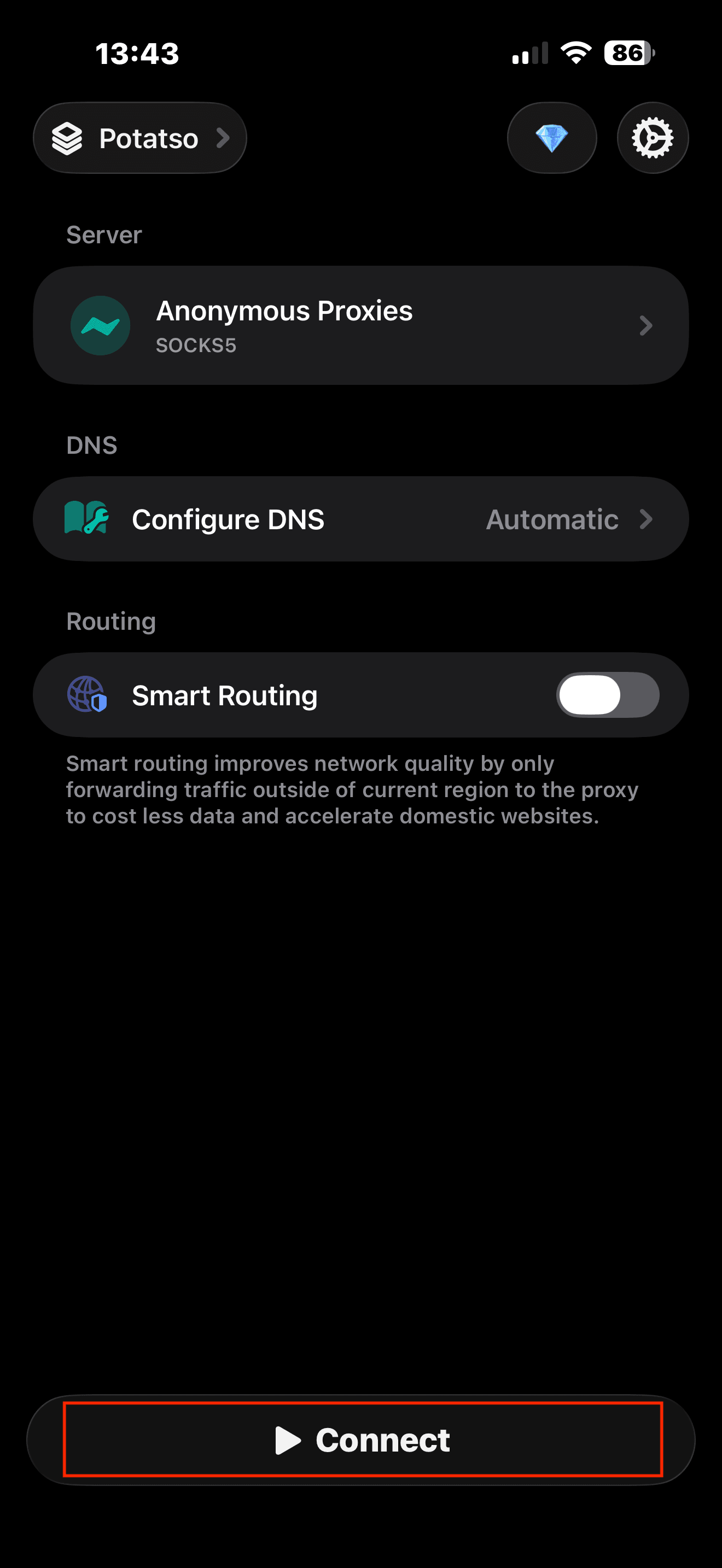 Potatso main screen with saved SOCKS5 server and Connect button highlighted