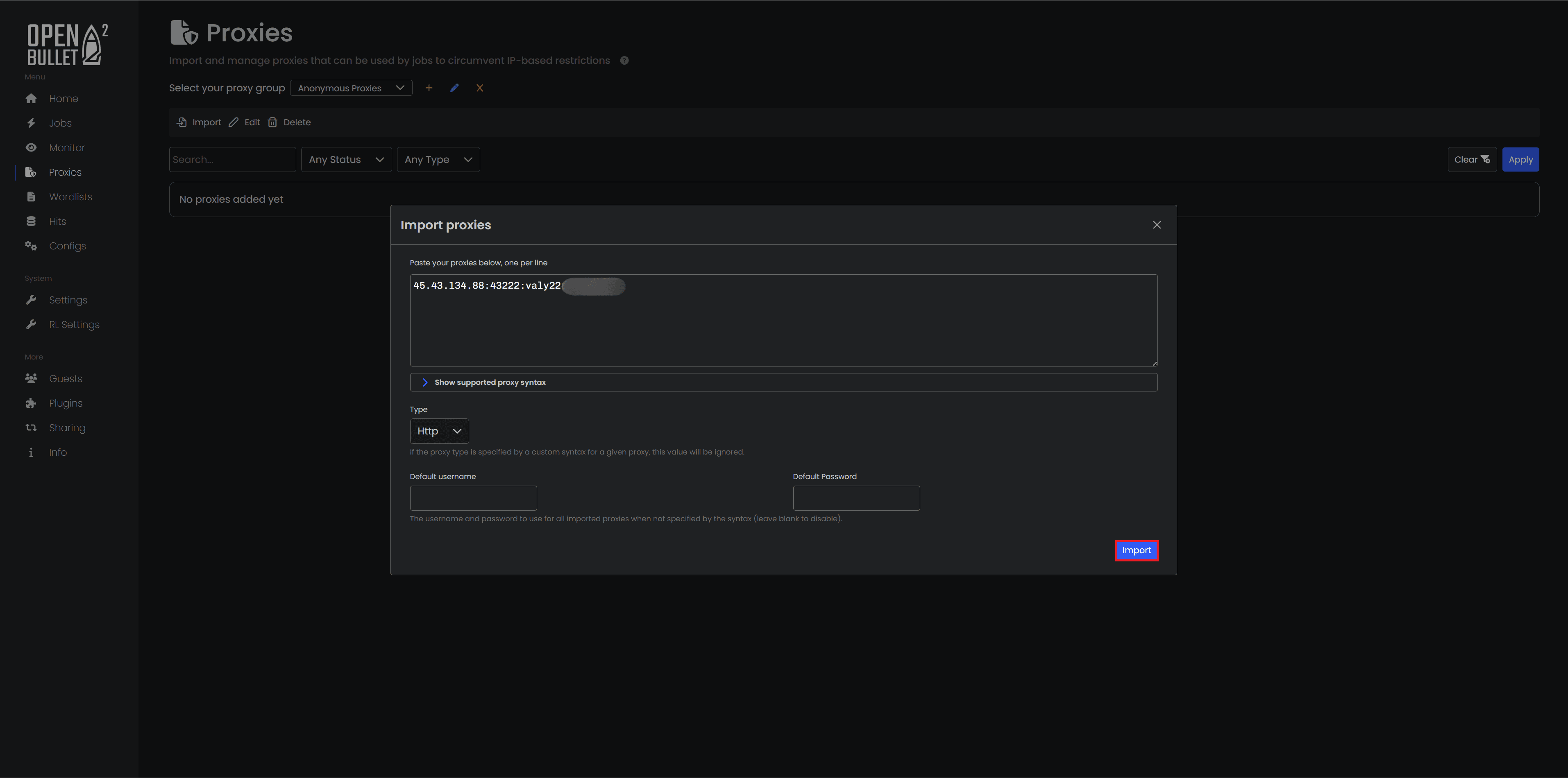 Import window which shows the format of proxy credentials you need to import.