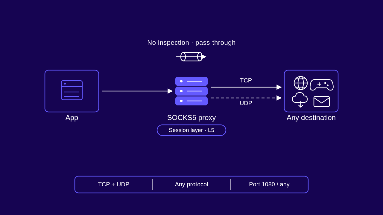Diagram of a SOCKS5 proxy forwarding TCP and UDP traffic unchanged