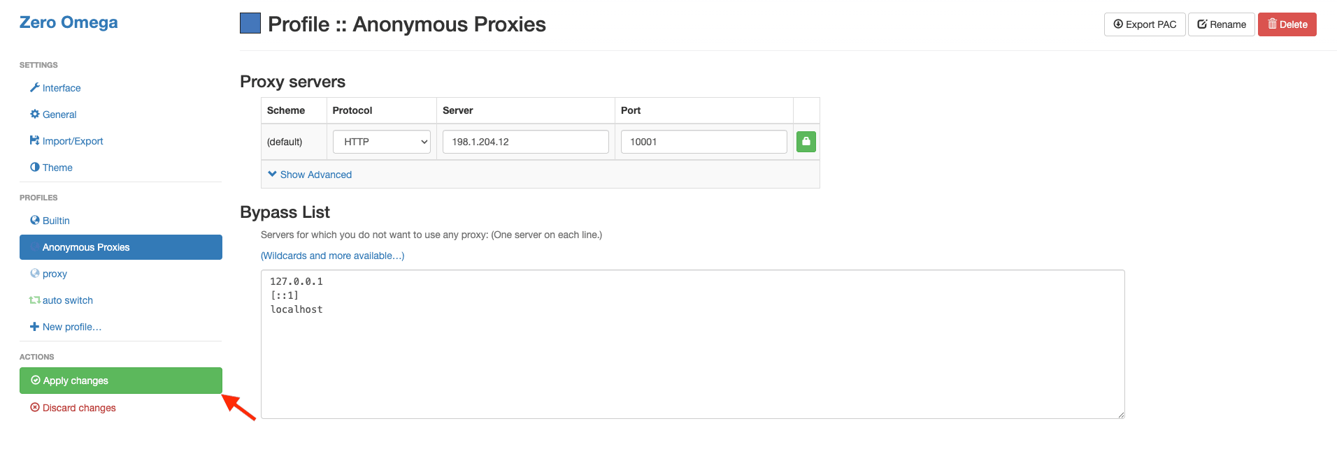 Apply changes to save the ZeroOmega proxy profile